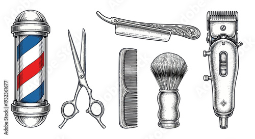 Vintage Barber Tools Set: Pole, Scissors, Razor, Comb, Brush, Clipper