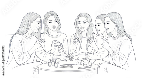 Women friends doing manicures together, sketch style drawing, beauty and friendship