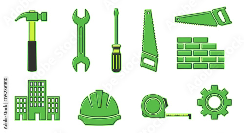Green Construction Tools and Building Icons Set