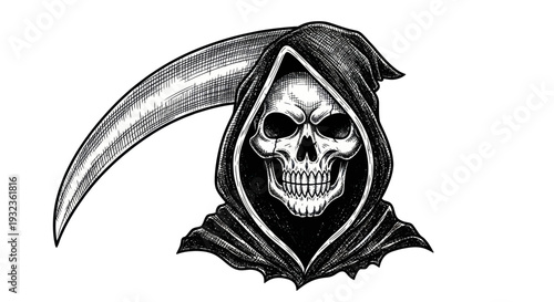 Grim Reaper Skull with Scythe, Dark Symbol of Death and Halloween