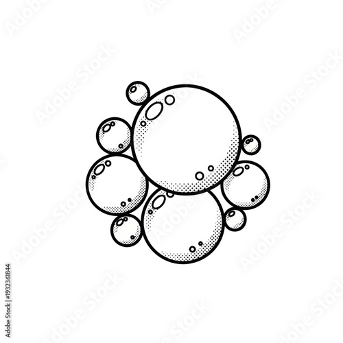 Hand-drawn cluster of soap bubbles, isolated on white background. Cleanliness concept.