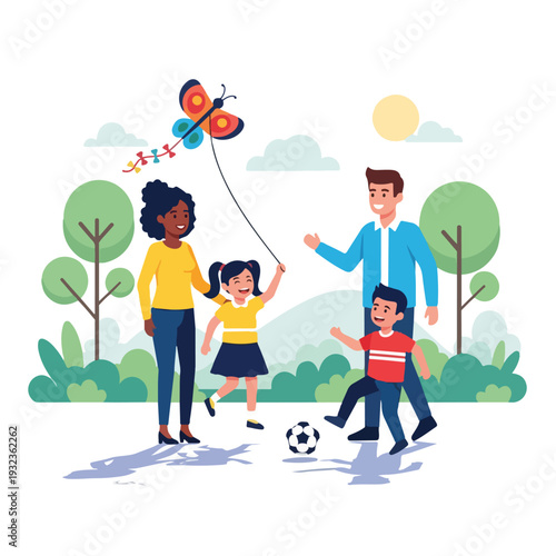 A family enjoys a park outing flying kite and playing soccer
