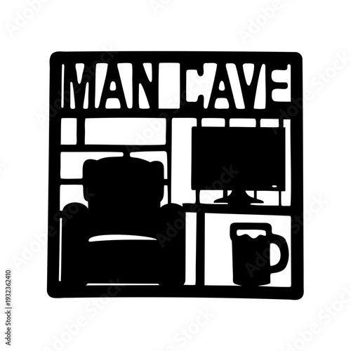 Man Cave Interior Silhouette Home Entertainment- Black silhouette illustration of a cozy man cave with armchair, large television, shelf and decor, symbolizing relaxation and home entertainment space.