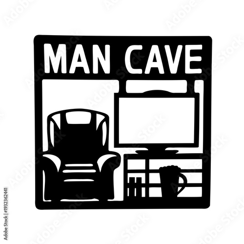 Man Cave Interior Silhouette Home Entertainment- Black silhouette illustration of a cozy man cave with armchair, large television, shelf and decor, symbolizing relaxation and home entertainment space.
