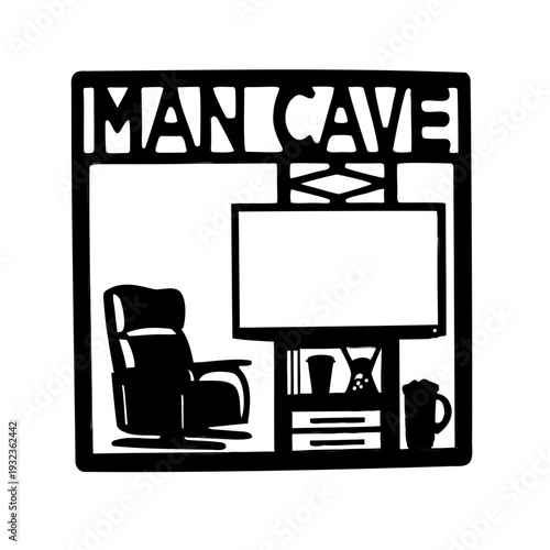 Man Cave Interior Silhouette Home Entertainment- Black silhouette illustration of a cozy man cave with armchair, large television, shelf and decor, symbolizing relaxation and home entertainment space.