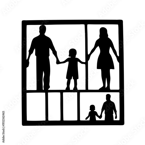 Family Silhouette Window Frame Decorative Design- Black silhouette of family figures inside window frame with decorative iron details, symbolizing home, protection, togetherness and domestic life