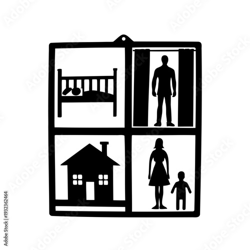 Family Silhouette Window Frame Decorative Design- Black silhouette of family figures inside window frame with decorative iron details, symbolizing home, protection, togetherness and domestic life