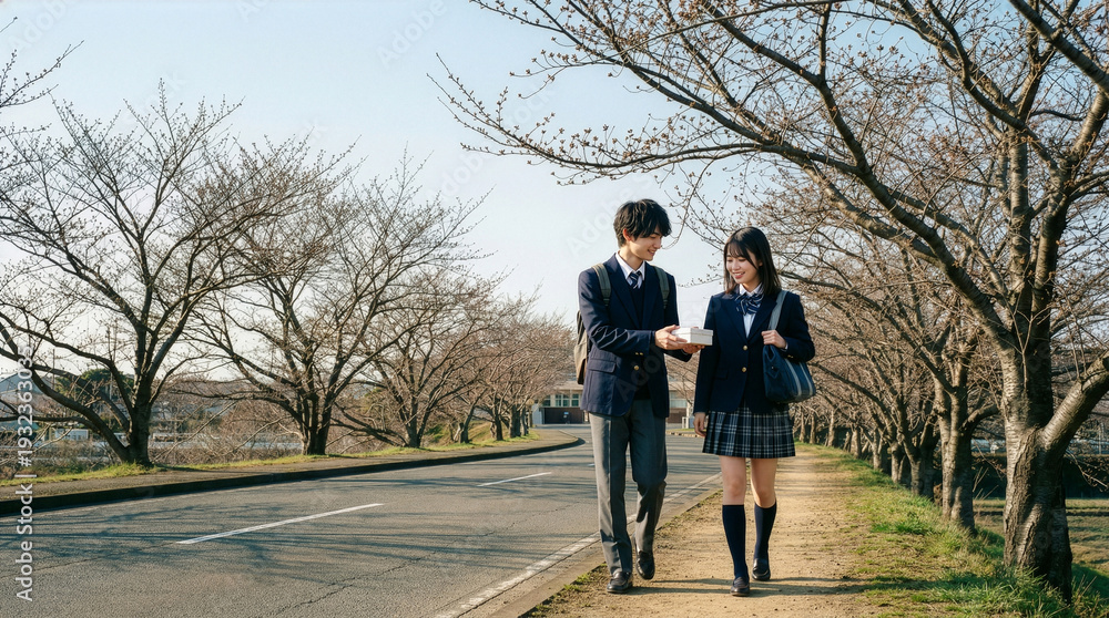Fototapeta premium 下校時にホワイトデープレゼントを女子高生に渡す男子高生
