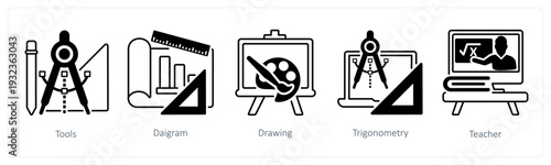 A set of 5 mix icons as tools, diagram, drawing in black color
