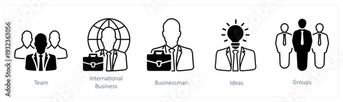 A set of 5 mix icons as team, international business, businessman in black color
