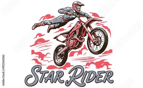 Motocross dirt bike print design for t-shirt, poster, sticker, background & more. Star Rider legend race. Road speed graphic. Extreme racing club.