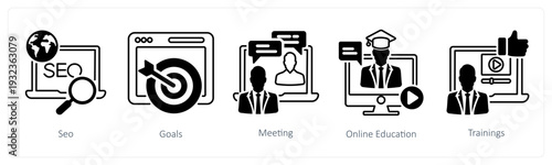 A set of 5 mix icons as seo, goals, meeting in black color