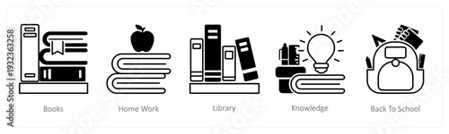 A set of 5 mix icons as books, home work, library in black color