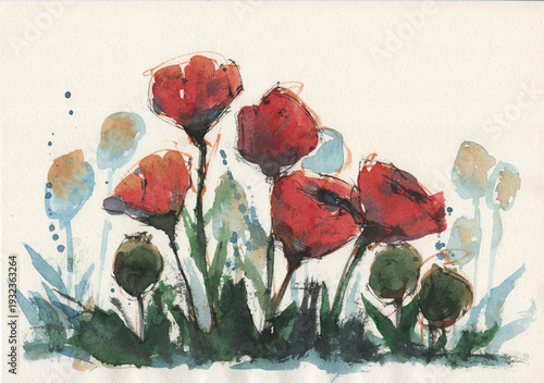 Quadro su tela Set of elegant red poppy flowers hand-painted in watercolor on textured paper