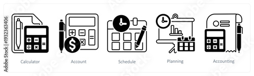 A set of 5 mix icons as calculator, account, schedule in black color