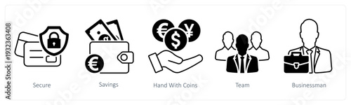A set of 5 mix icons as secure, savings, hand with coins in black color