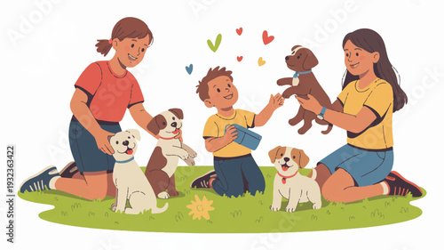 Two women and a child play with dogs and a teddy bear on green grass outdoors