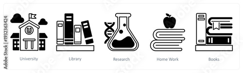 A set of 5 mix icons as university, library, researc in black color