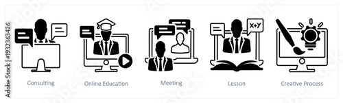 A set of 5 mix icons as consulting, online education, meeting in black color