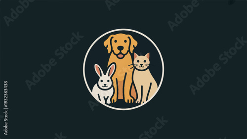Friendly dog cat and rabbit together in a circle animal friendship concept cute pets