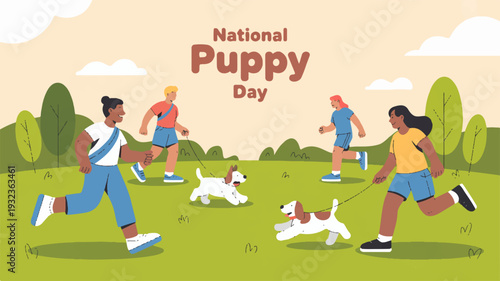 People running with adorable puppies in a park on national puppy day with a sunny sky and green grass