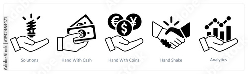 A set of 5 mix icons as solutions, hand with cash, hand with coins in black color