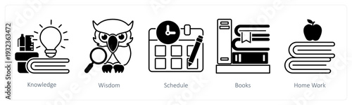 A set of 5 mix icons as knowledge, wisdom, schedule in black color