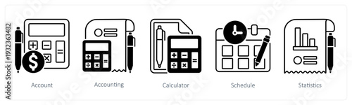 A set of 5 mix icons as account, accounting, calculator in black color