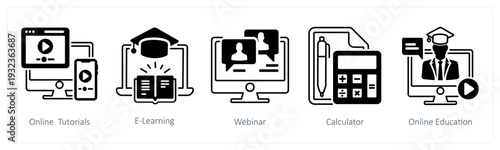 A set of 5 mix icons as online tutorial, e learning, webinar in black color