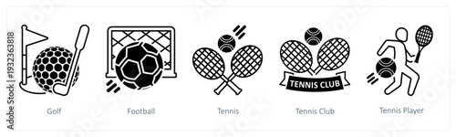 A set of 5 mix icons as golf, football, tennis in black color