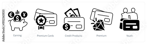 A set of 5 mix icons as earning, premium cards, credit products in black color