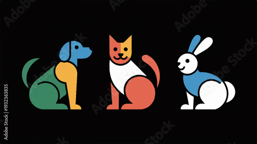 Colorful dog cat and rabbit silhouettes in profile on black background pets and animals concept