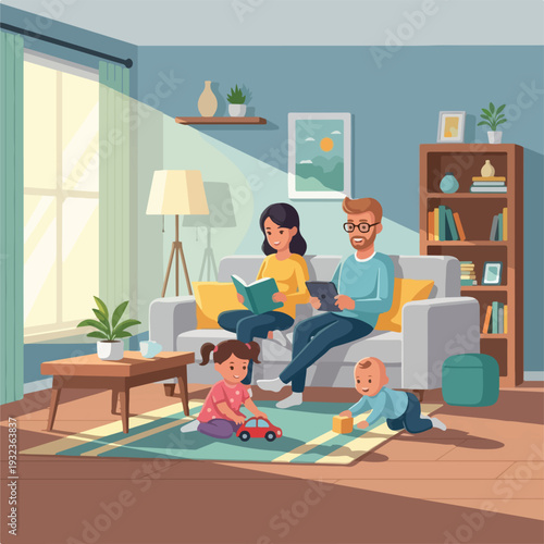 A family relaxing in a bright living room, reading and playing