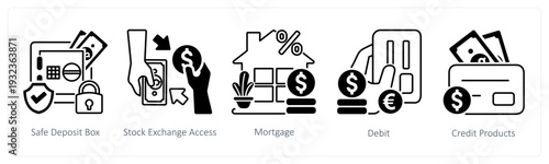 A set of 5 mix icons as safe deposit box, stock exchange access in black color
