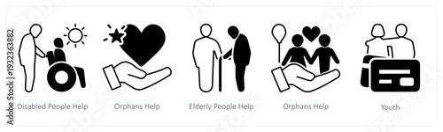 A set of 5 mix icons as disabled people help, orphans help in black color