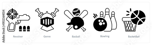 A set of 5 mix icons as revolver, genre, baseball in black color