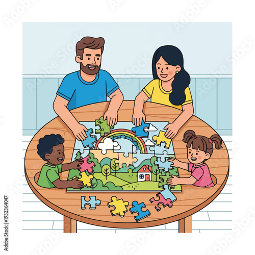 A family sits around a wooden table completing a colorful jigsaw puzzle together