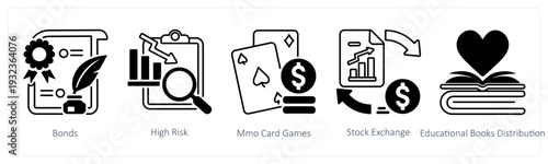 A set of 5 mix icons as bonds, high risk, mmo cards games in black color