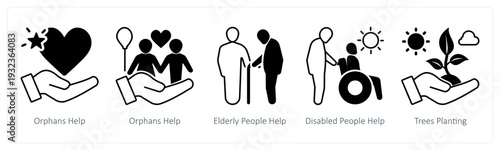 A set of 5 mix icons as orphans help, elderly people help, disabled people help in black color