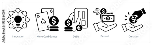 A set of 5 mix icons as innovation, mmo card games, debit in black color