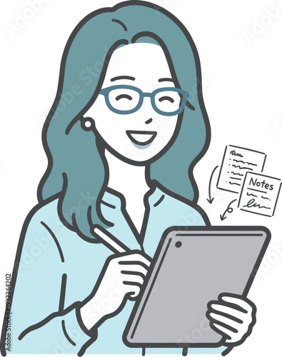 タブレットでメモを取る女性のイラスト（デジタルノート・ビジネス）