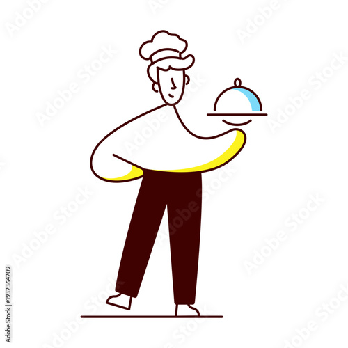 A hand drawn style illustration of a character serving food 
