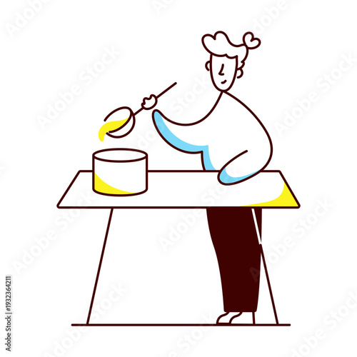 A hand drawn style illustration of a character serving food 