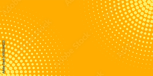 Yellow halftone pattern. Retro comic gradient background. Bright orange pixelated dotted texture overlay. Cartoon pop art faded gradient pattern. Vector backdrop for poster, banner, advertisement