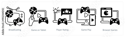 A set of 5 mix icons as broadcasting, game on tablet, player rating in black color