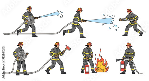 Dynamic illustrations of firefighters in various action poses using high-pressure hoses, axes, and extinguishers to battle intense fires.