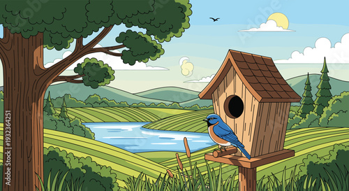 Peaceful landscape illustration of a birdhouse with a bluebird overlooking a serene countryside featuring rolling hills, a lake, and green fields.