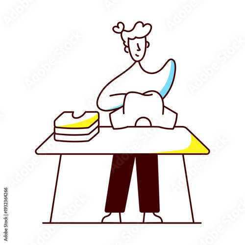 A hand drawn style illustration of a character serving food 