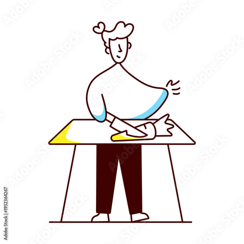 A hand drawn style illustration of a character serving food 