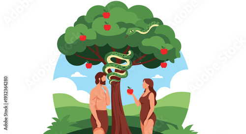 Biblical illustration of Adam and Eve with the serpent in the garden of Eden, standing near the iconic tree of knowledge with red apples.